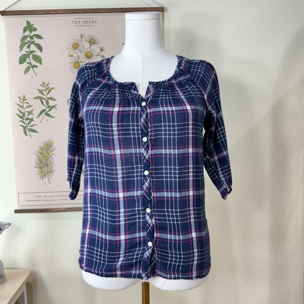 Blue PInk Lightweight Cotton Plaid Shirt Cottage Prairie Coastal Grandma Y2k S